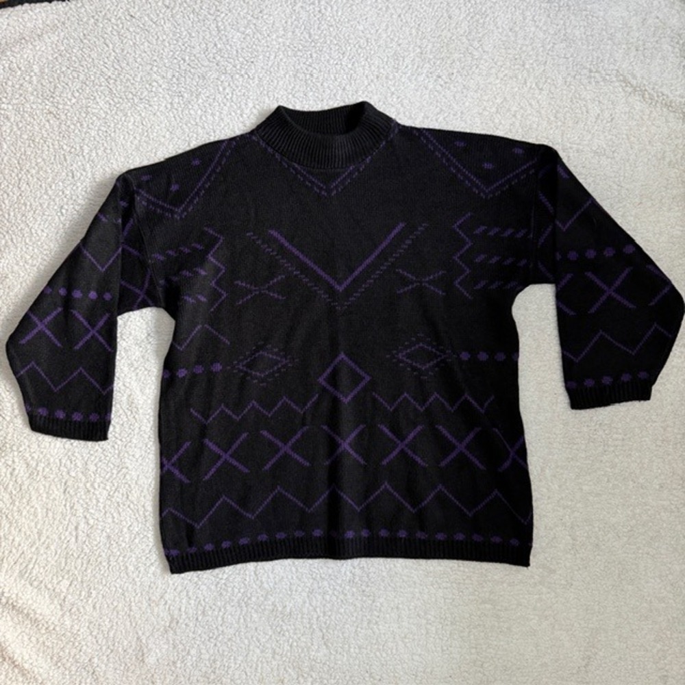 Vintage‎ Headliners Sweater Black Purple Geometric Tribal Knit Mock Neck Acrylic
